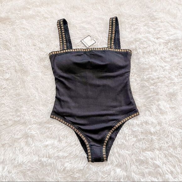 Platinum Swimwear Black Square Neck One Piece Swimsuit with Gold Trim SZ S BNWT - Picture 2 of 14